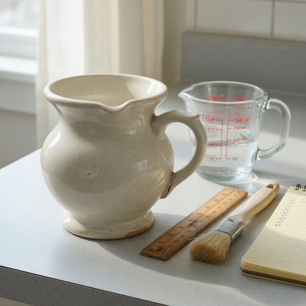 Spittoon coffee tea mug buying checklist beside a vintage-style mug, measuring jug, ruler, and soft cleaning brush
