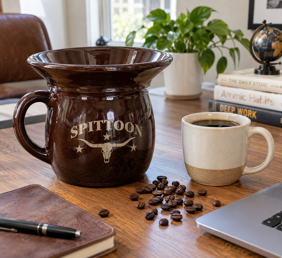 spittoon mug for beginners on desk with coffee