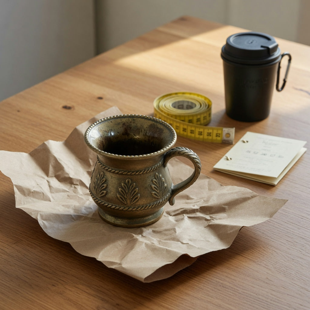 A spittoon mug gift displayed with wrapping paper, a measuring tape, and a closed travel spit cup for comparison