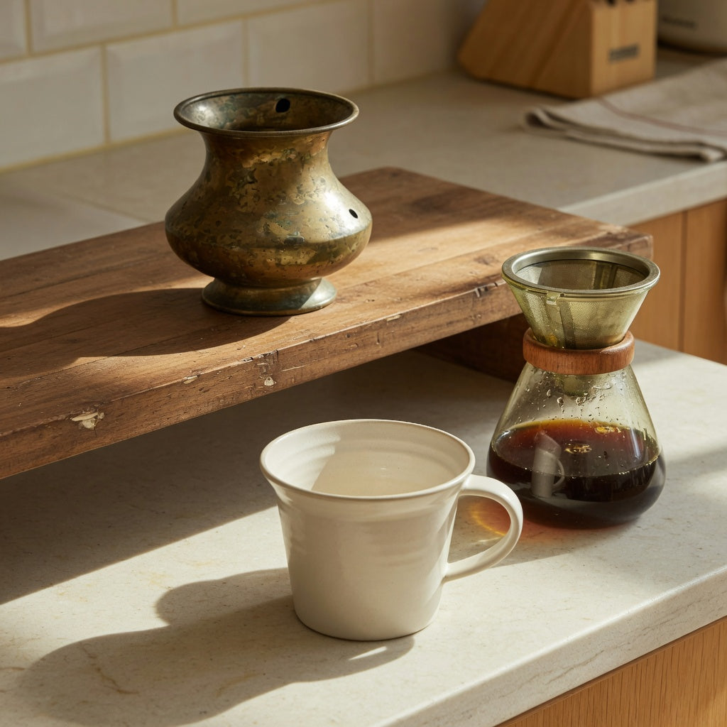 Flared drink cup and brass cuspidor compared as spittoon mug home decor on a kitchen shelf