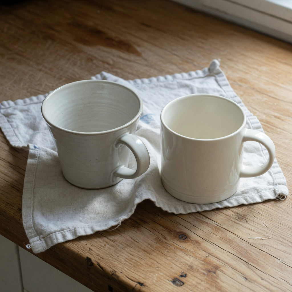 Spittoon mug vs coffee mug on a kitchen counter, a flared ceramic mug beside a straight-sided coffee mug