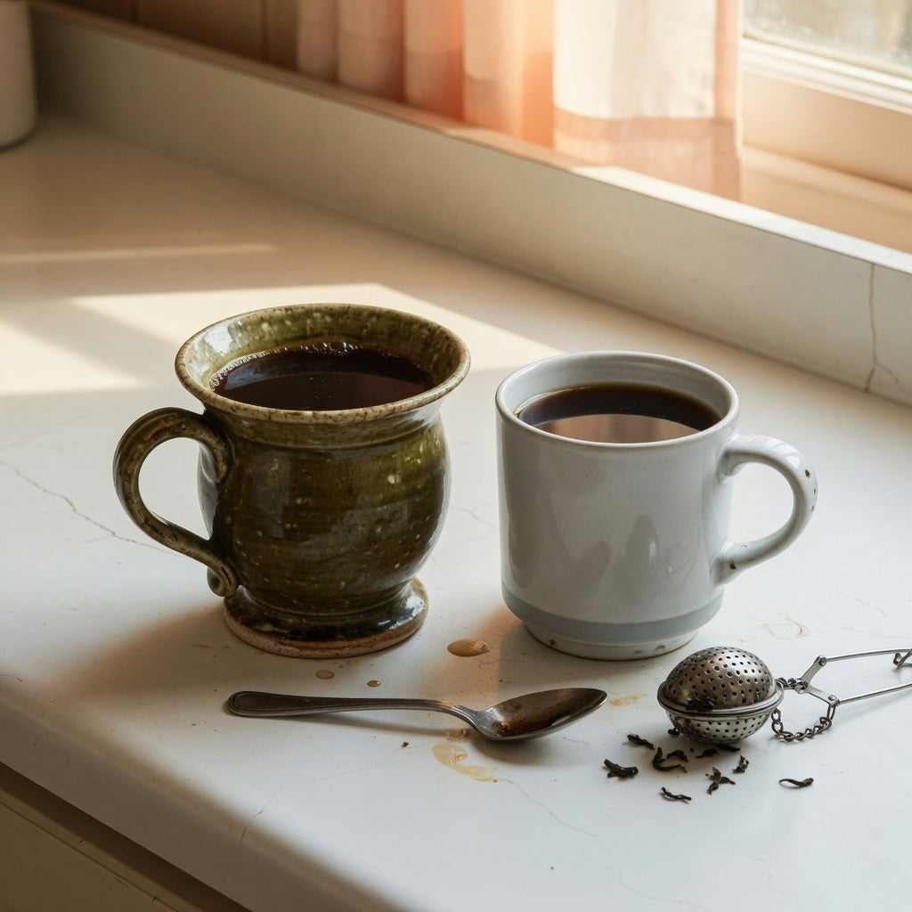 Side-by-side spittoon vs mug for coffee tea comparison with a vintage-shaped ceramic drinking mug and a standard cylinder