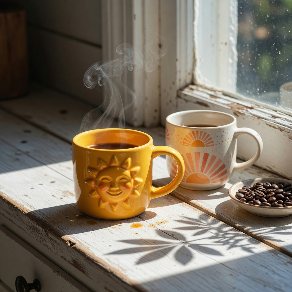 Sunny ceramic coffee mug in a yellow sunrise glaze steaming on a sunlit kitchen windowsill