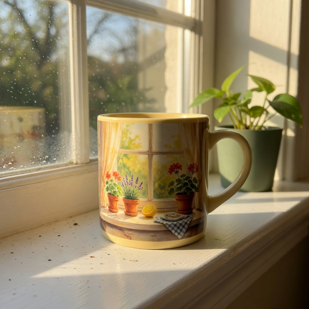 A sunny window coffee mug in morning light on a kitchen sill beside a small plant