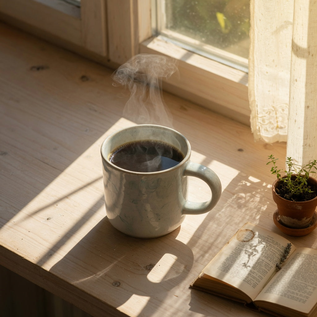 A sunny window coffee pause mug gift resting on a sunlit windowsill, steam rising above the glaze, with an open book and a small potted plant beside it