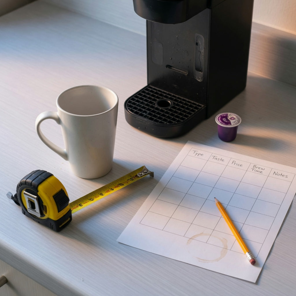 Tall ceramic coffee mug buying checklist notes with a tape measure and a tall ceramic mug on a kitchen counter