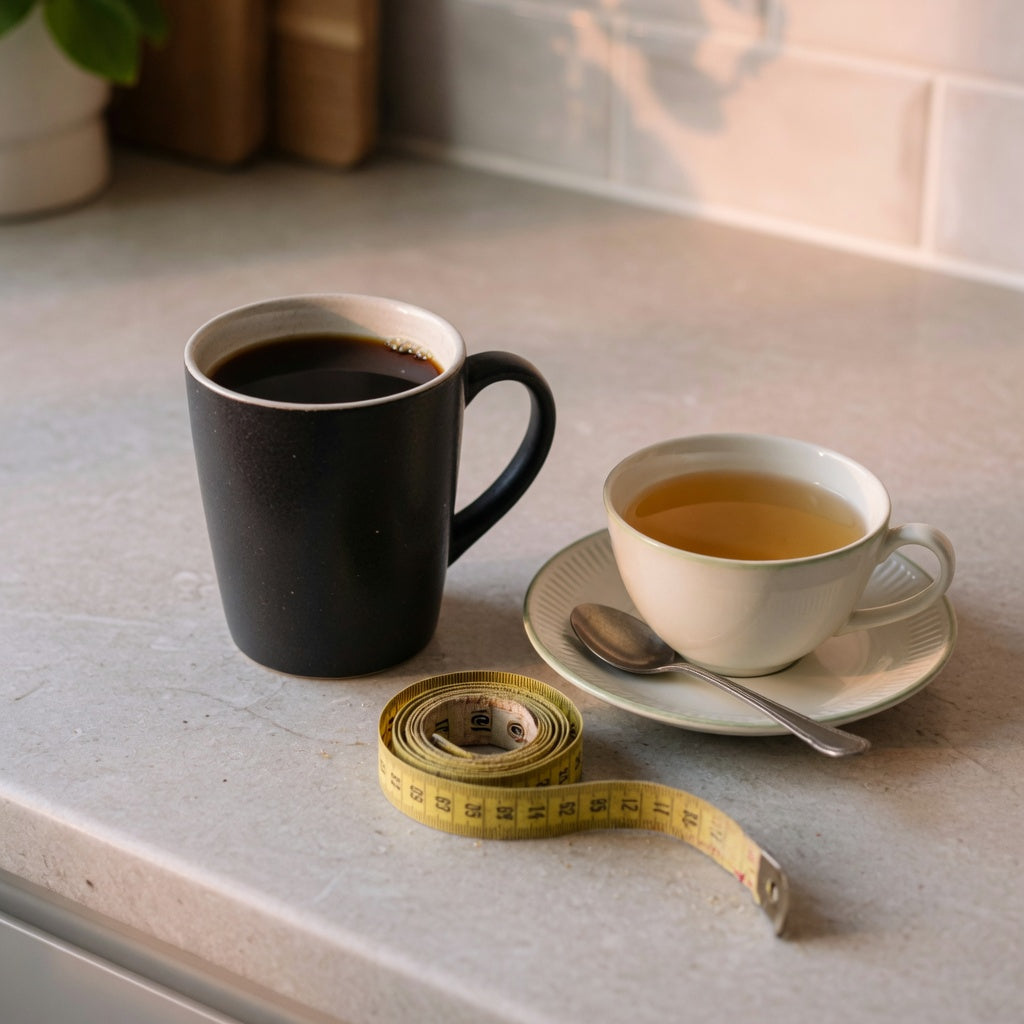Tall ceramic coffee mug vs tea cup on a kitchen counter with a saucer and tape measure