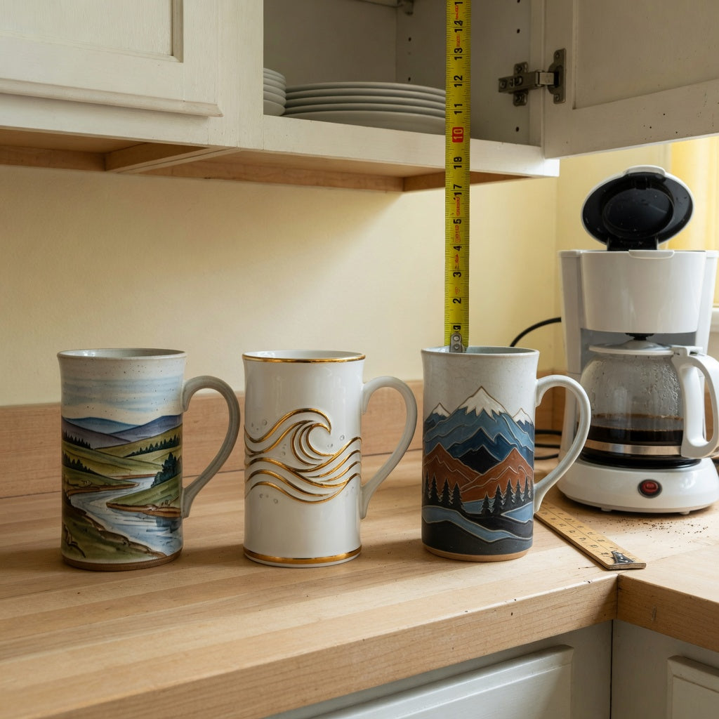 Tall ceramic coffee mugs with landscape, golden wave, and mountain designs beside a tape measure on a kitchen counter