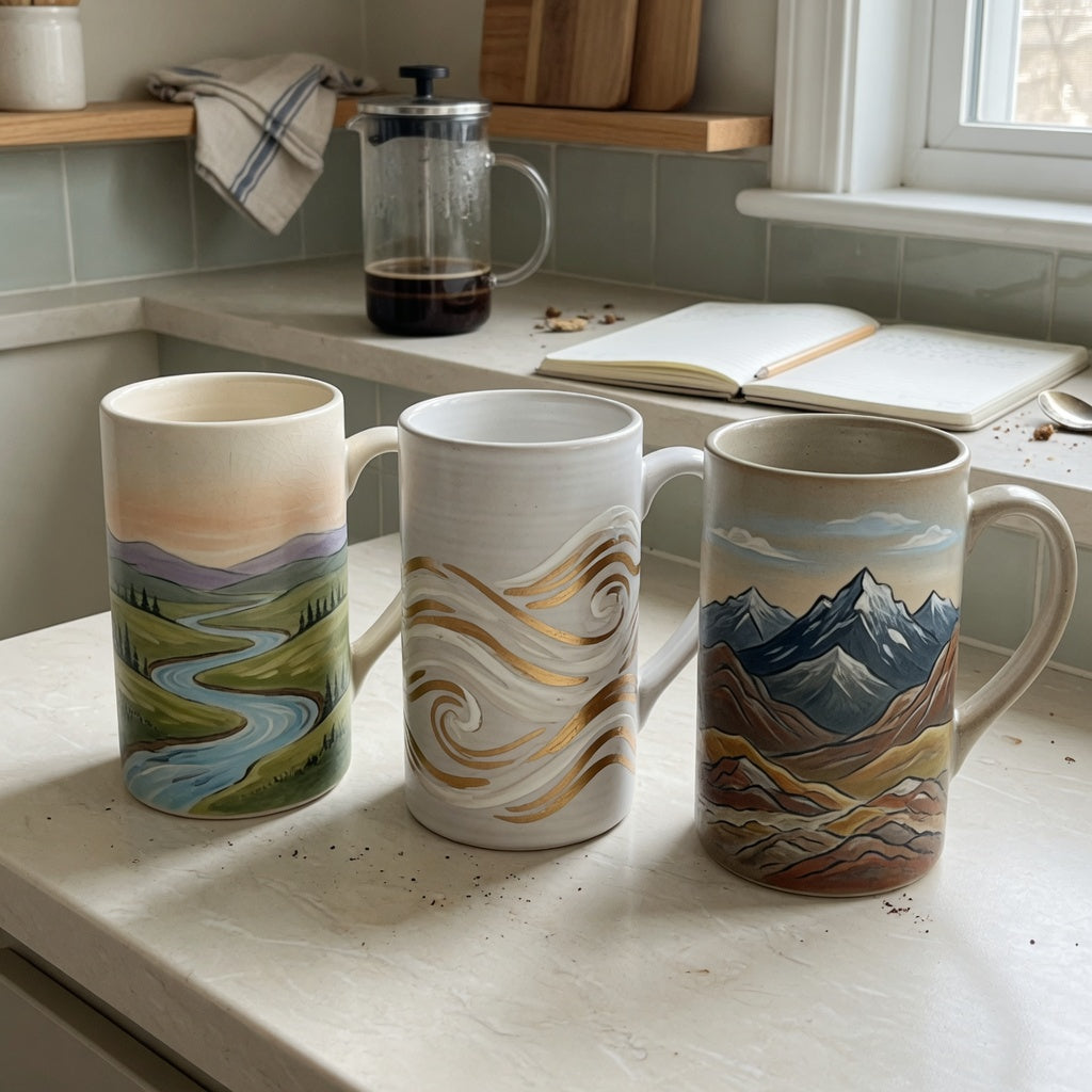 tall ceramic coffee mugs capacity guide showing landscape, white golden waves, and mountain mugs on a kitchen counter
