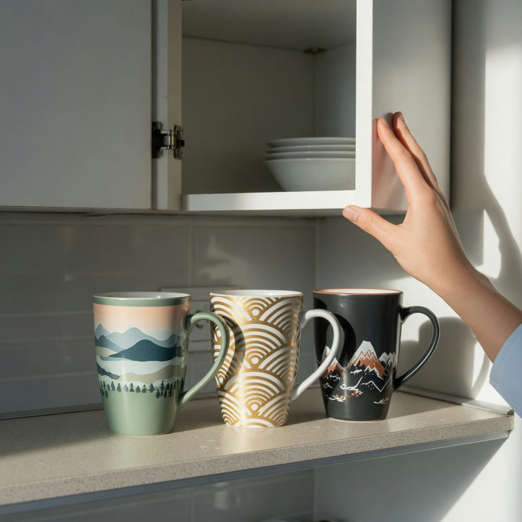 tall ceramic coffee mugs compact kitchen product shortlist guide showing three designs beside a measured cabinet shelf