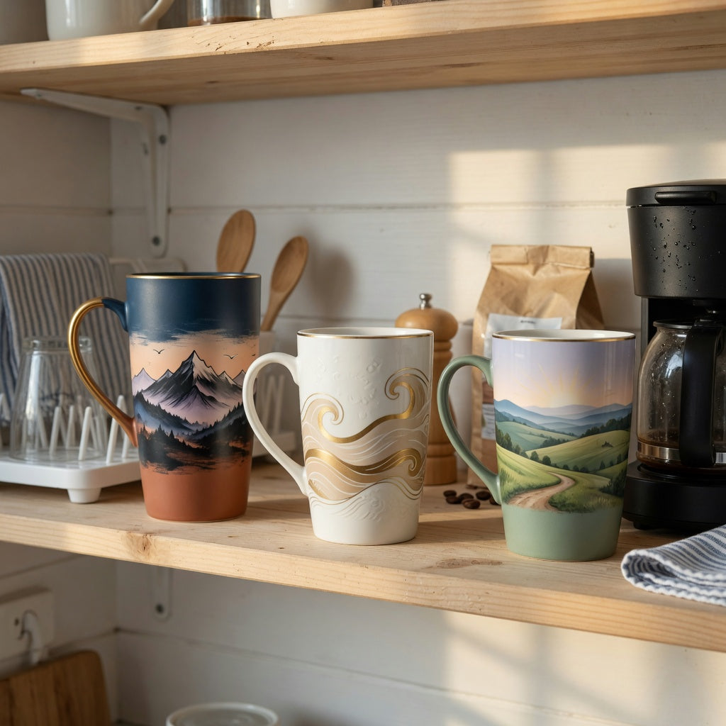tall ceramic coffee mugs everyday mug rotation practical purchase checklist setup on an open kitchen shelf
