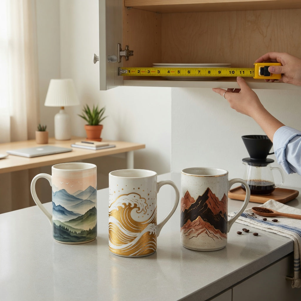 Tall ceramic coffee mugs first time buyer practical purchase checklist with mugs being measured for cabinet shelf fit
