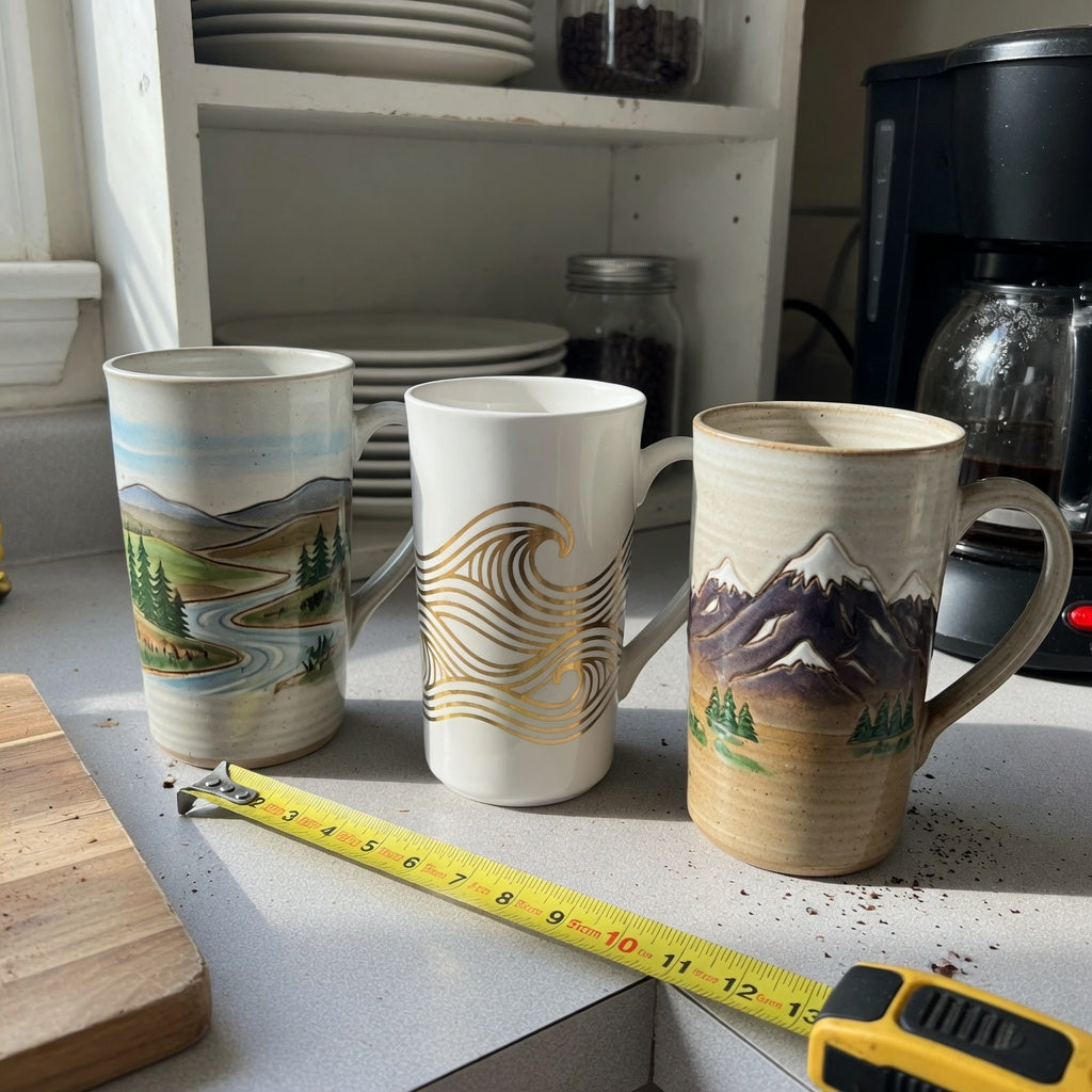 Tall ceramic coffee mugs first time buyer product shortlist guide with landscape, golden waves, and mountain designs beside a shelf measurement