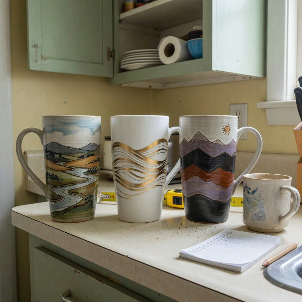 Tall ceramic coffee mugs gift choice practical purchase checklist beside landscape, white golden waves, and mountain mug designs