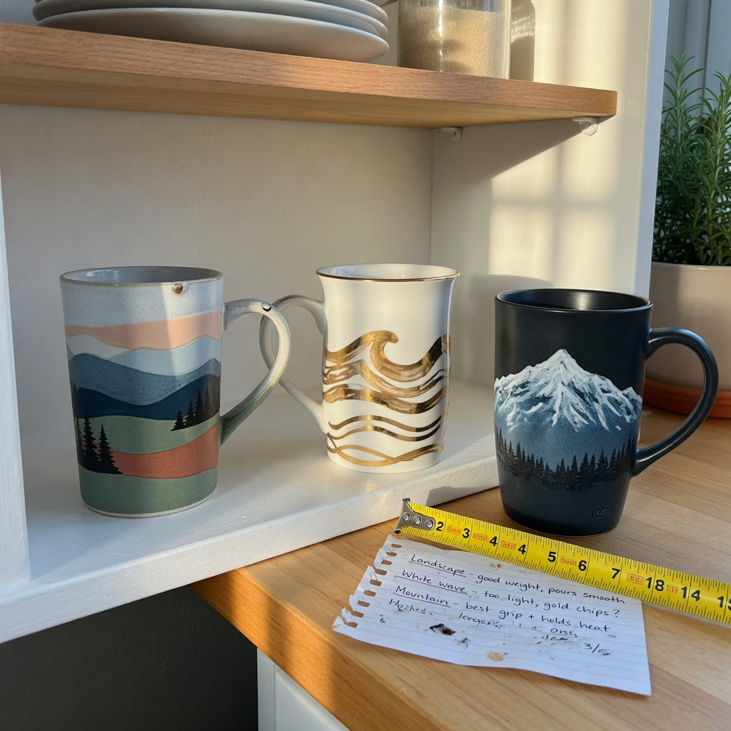 Tall ceramic coffee mugs gift choice product shortlist guide showing landscape, golden waves, and mountain designs
