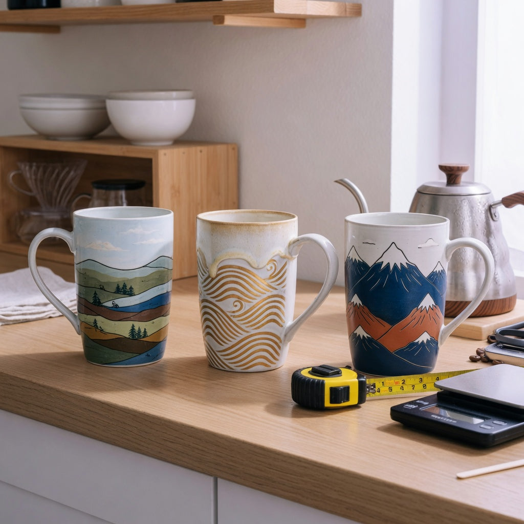 tall ceramic coffee mugs home coffee station practical purchase checklist scene with three mugs, a shelf, and a tape measure