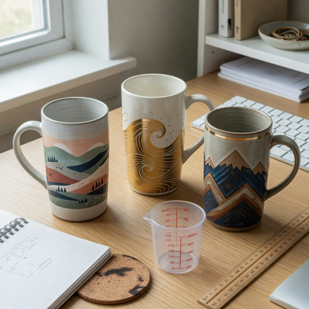Desk scene for the tall ceramic coffee mugs home office practical purchase checklist with three mugs, a keyboard, notebook, and shelf ruler