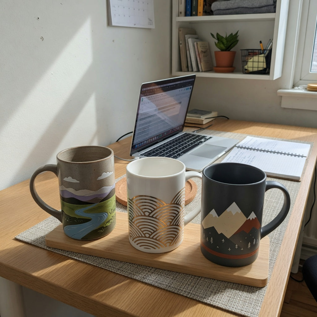 Tall ceramic coffee mugs home office product shortlist guide with landscape, white golden waves, and mountain designs on a desk
