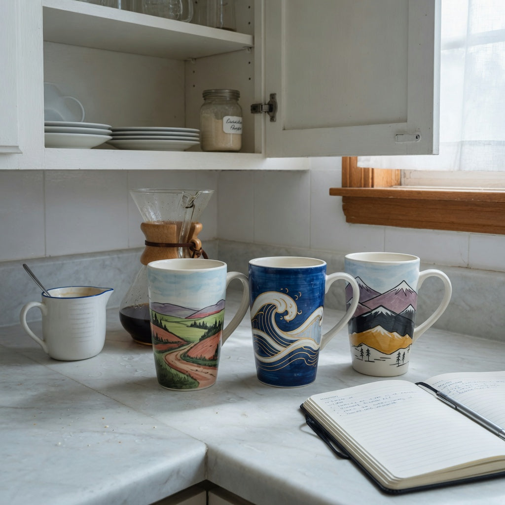 A tall ceramic coffee mugs morning routine product shortlist guide showing landscape, golden waves, and mountain mug designs on a kitchen counter