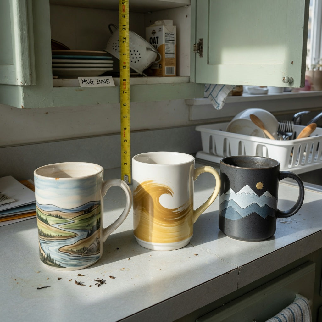 Tall ceramic coffee mugs shared household practical purchase checklist scene with landscape, golden wave, and mountain mugs beside an open cabinet