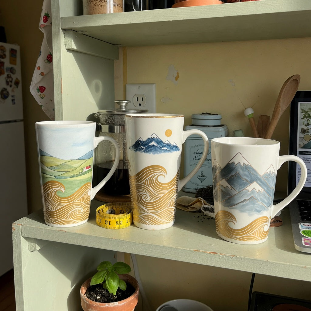 tall ceramic coffee mugs shared household product shortlist guide showing landscape, white golden waves, and mountain designs in a shared kitchen