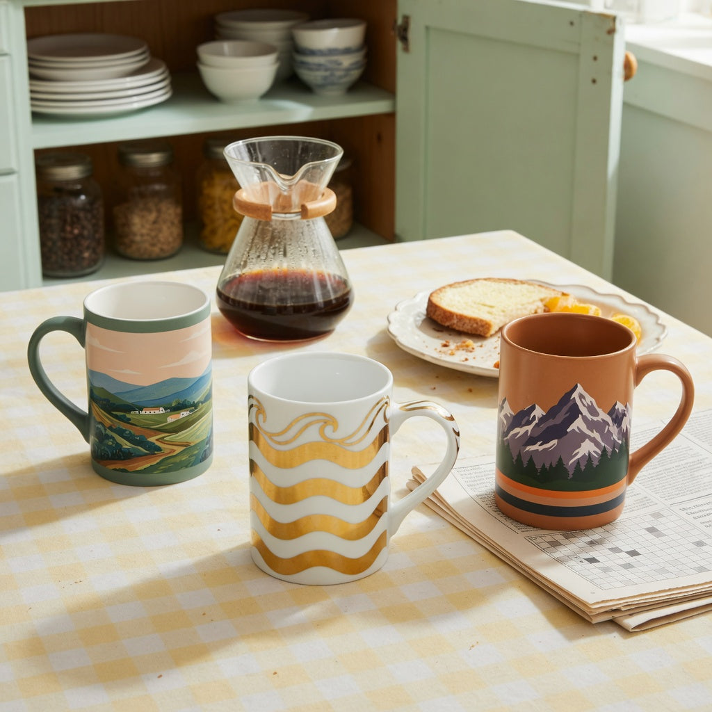 Tall ceramic coffee mugs weekend coffee practical purchase checklist showing landscape, golden-wave, and mountain designs on a weekend table