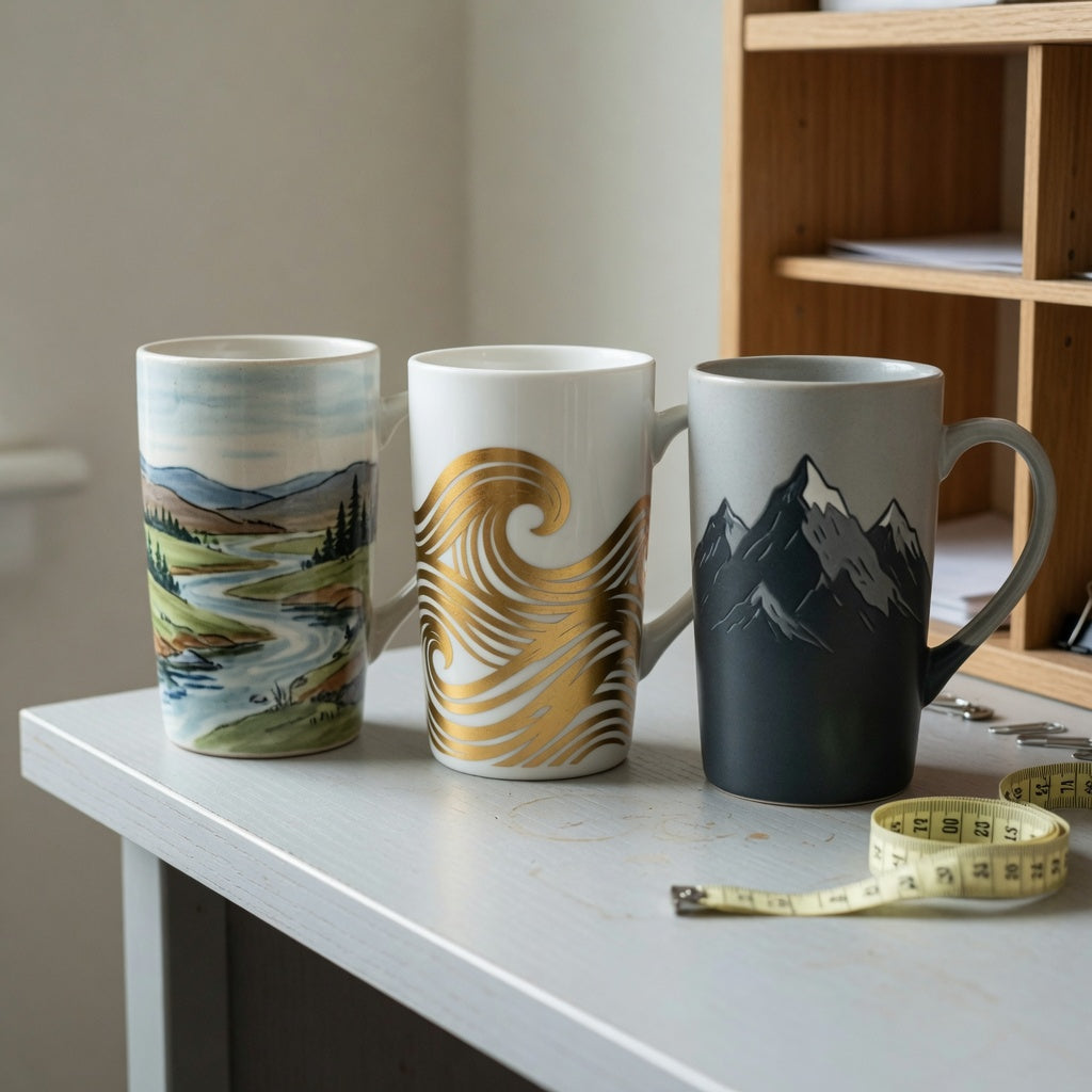 tall ceramic coffee mugs shape and handle guide comparing landscape, white-and-golden waves, and mountain designs on a shelf