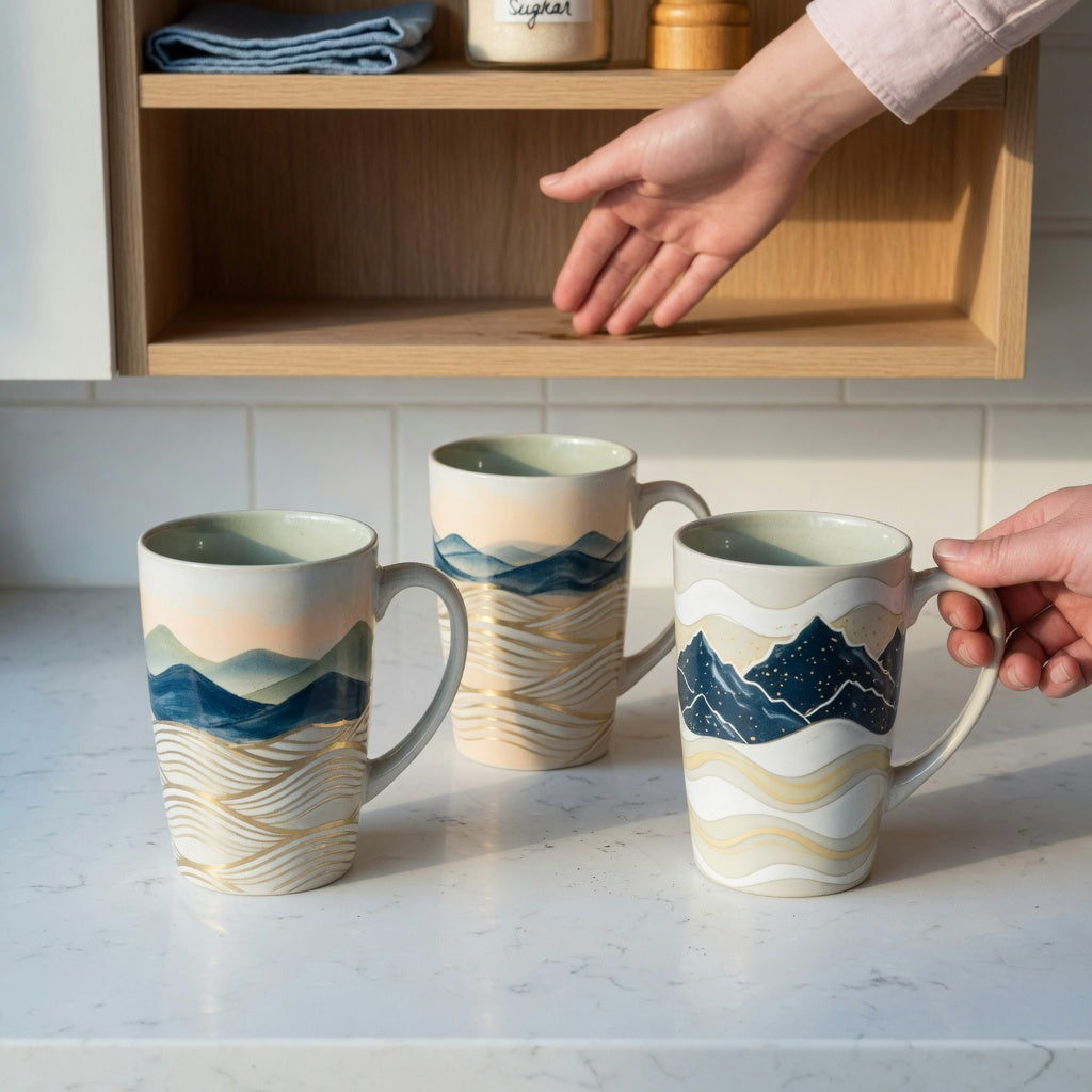 Tall ceramic coffee mugs size decision guide showing landscape, white golden waves, and mountain options beside a kitchen shelf