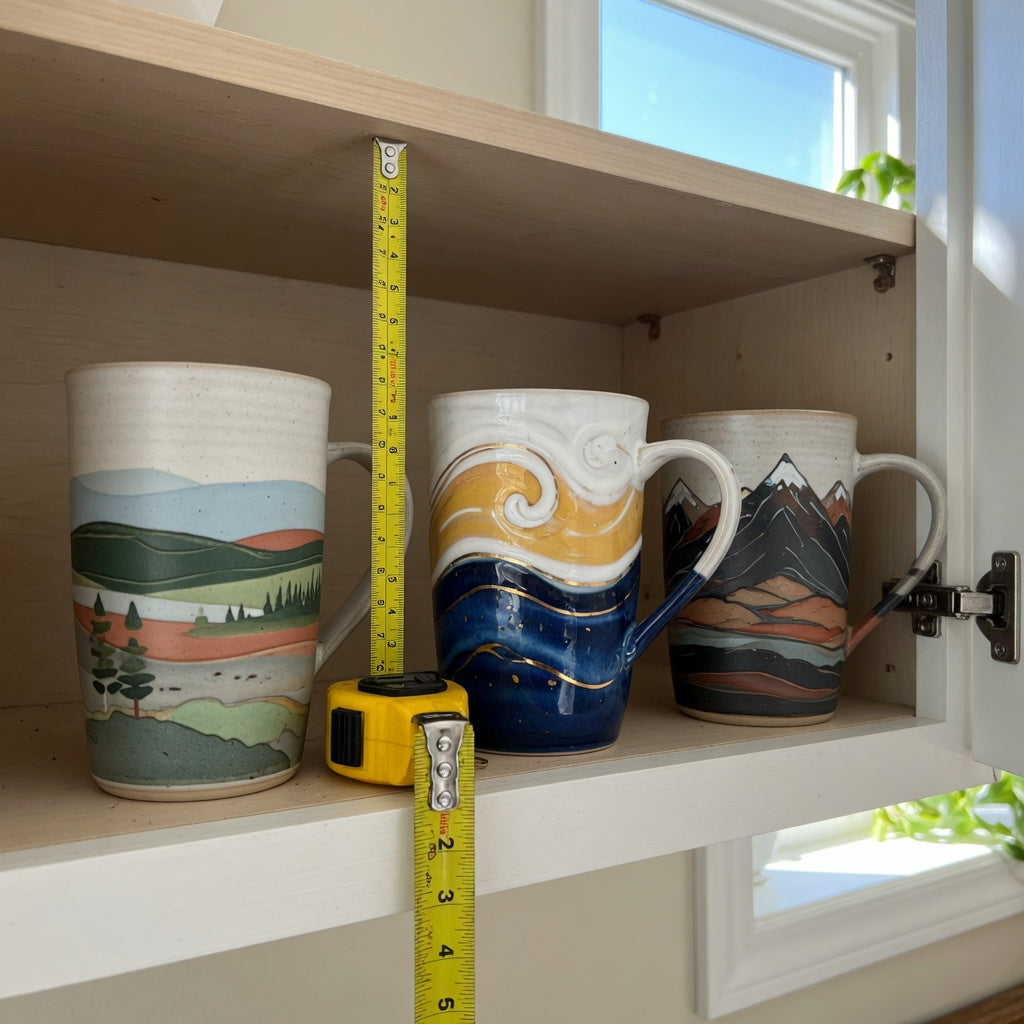 Tall ceramic coffee mugs storage fit guide showing three current mug designs beside an open cabinet shelf