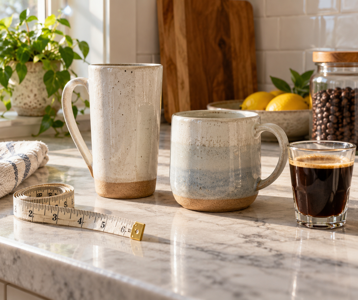 Comparing tall ceramic coffee tea mug size with a shorter wide mug and a tape measure on a kitchen counter