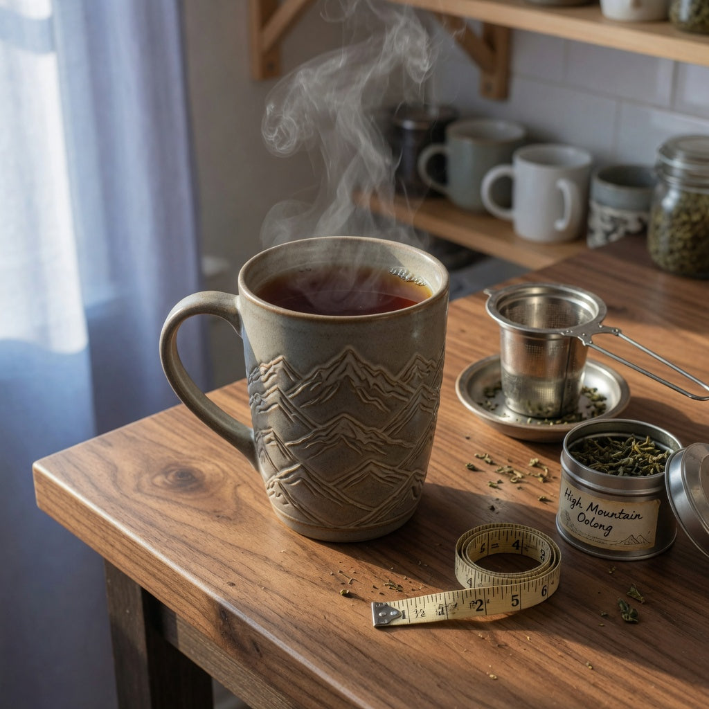 Tall ceramic mountain tea mug with embossed mountain ridges and rising steam on a wooden desk beside a basket tea infuser