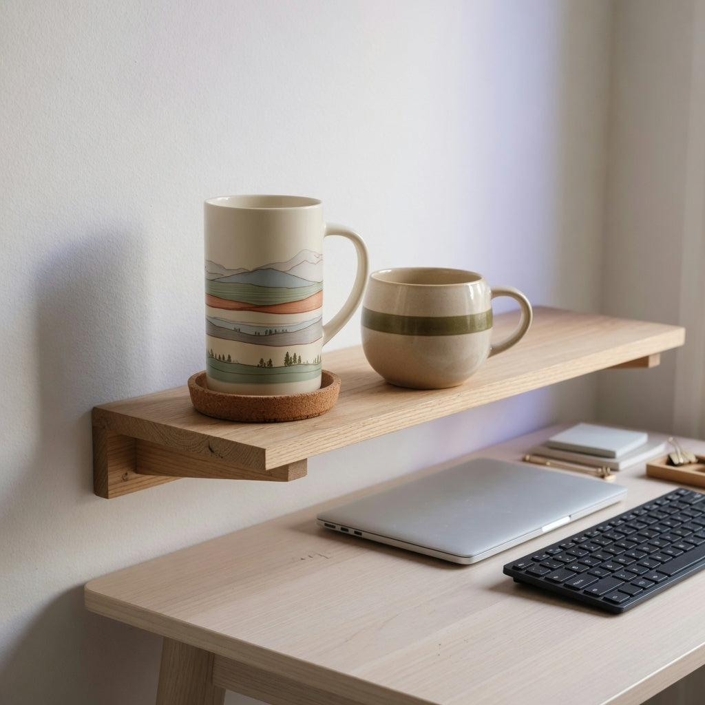 Office setup showing tall ceramic mug desk shelf clearance around the rim, handle, and base beside a keyboard