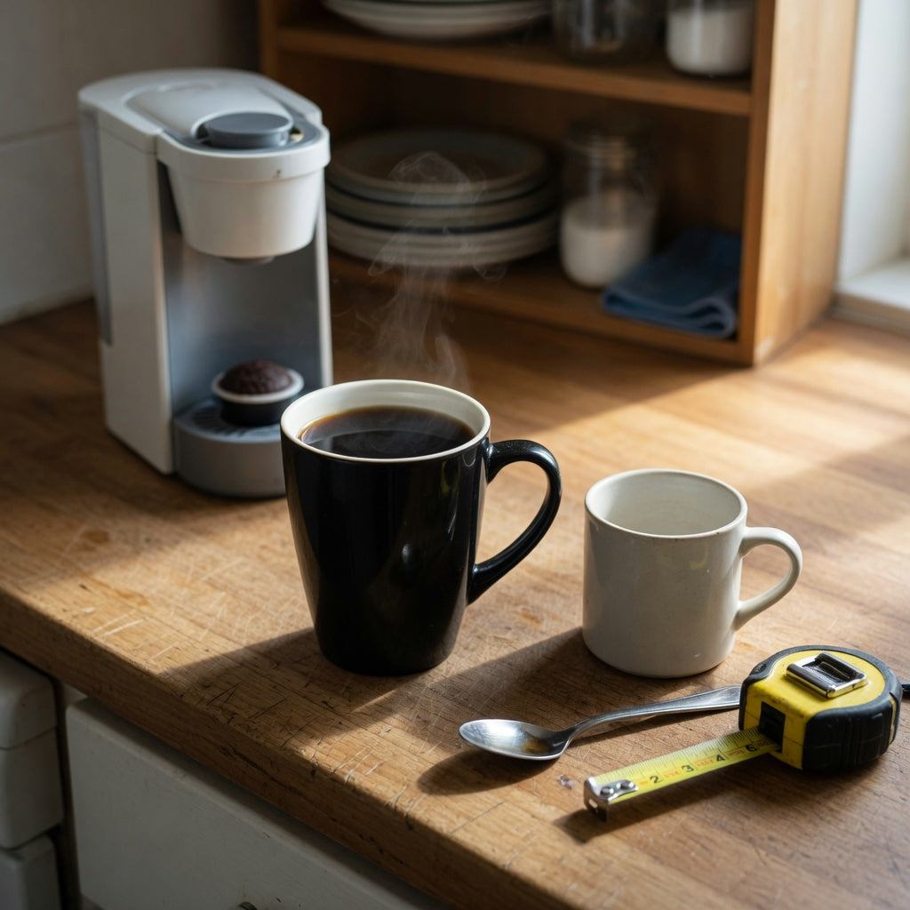 A tall ceramic mug for everyday coffee and tea on a kitchen counter beside a smaller mug and a tape measure