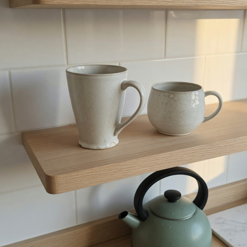 Tall ceramic mug open shelf setup on a light oak kitchen shelf with handle clearance and open space visible