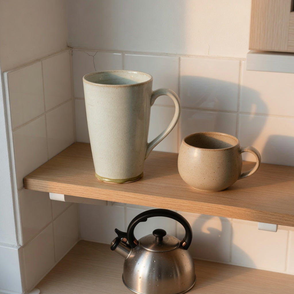 Tall ceramic mug open shelf setup on a light oak kitchen shelf with handle clearance and open space visible