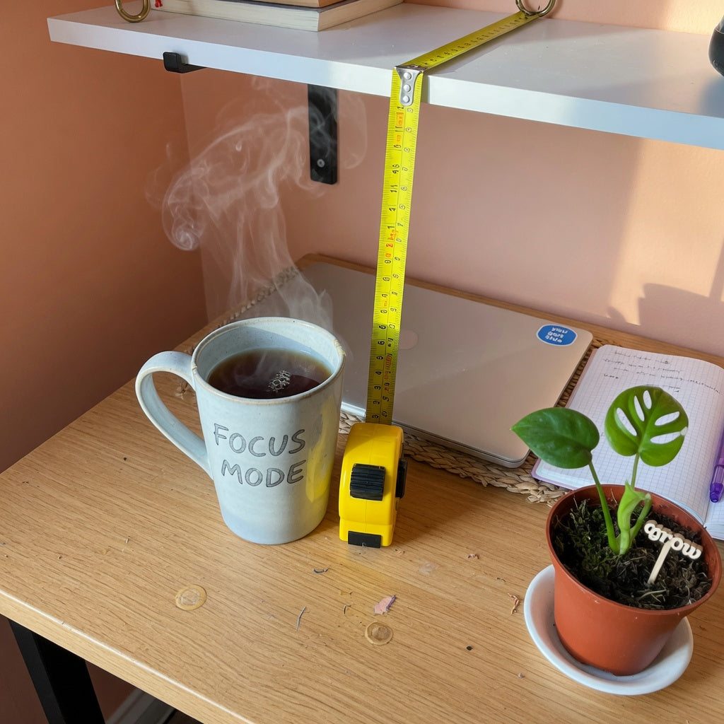 Tall ceramic tea mug with desk shelf clearance measured with a tape measure in a home office
