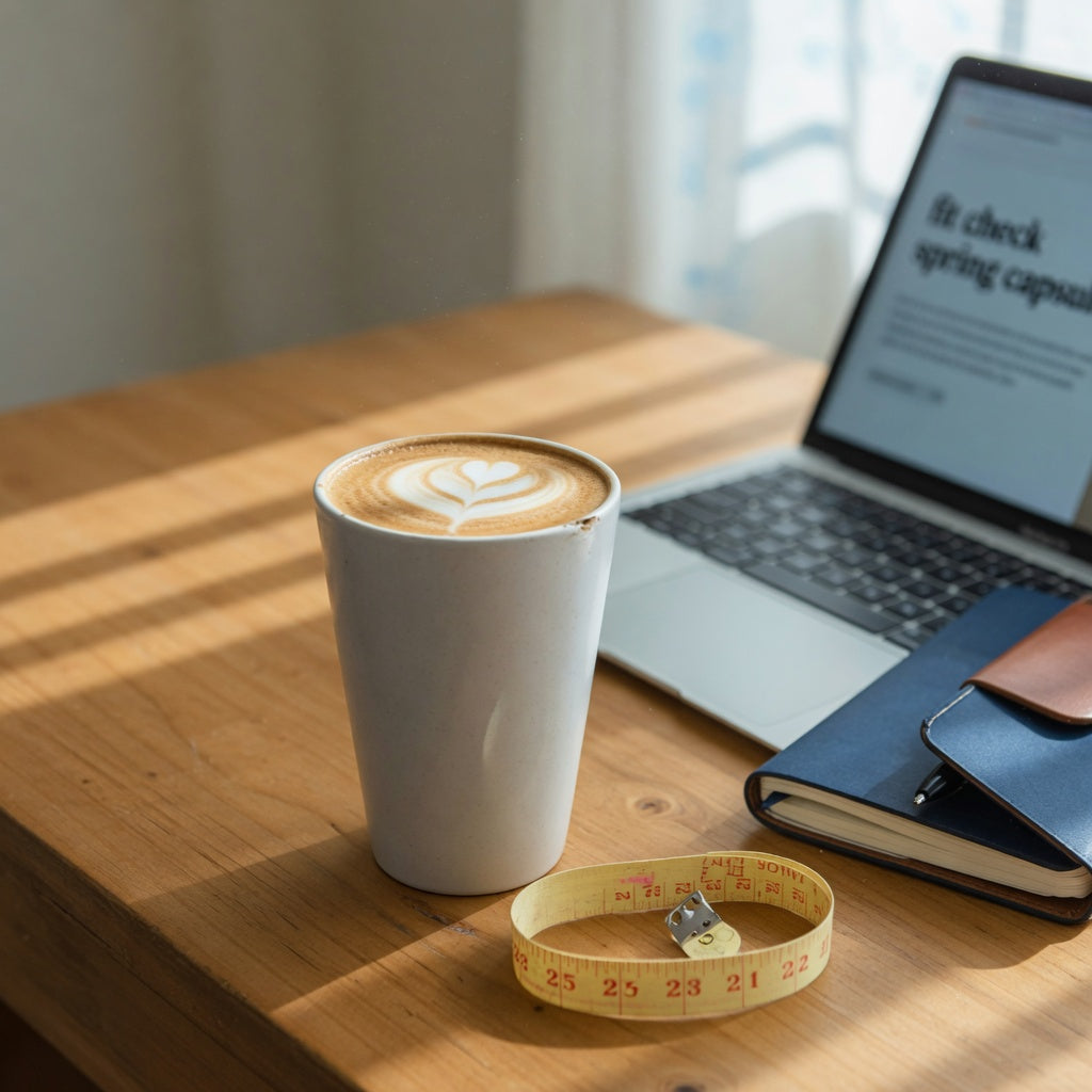 Tall coffee mug 350 ml filled with a latte on a wooden desk beside a laptop and a tape measure