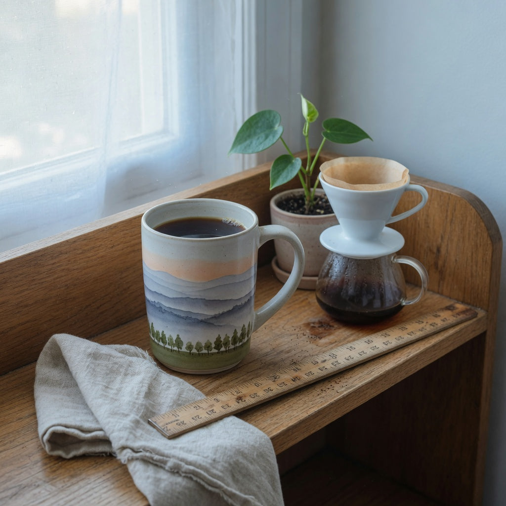Tall coffee mug for coffee lovers home decor beside a drip brewer on an open kitchen shelf