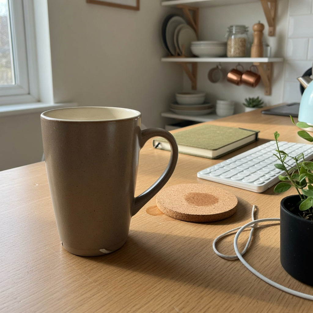 Tall coffee mug for desk and home decor beside a keyboard, notebook, and plant