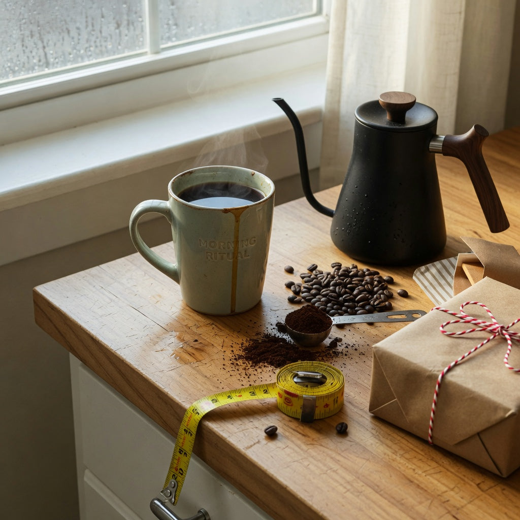 Tall coffee mug gift for coffee lovers filled with fresh coffee beside a tape measure, pour-over kettle, and wrapped gift box on a kitchen counter