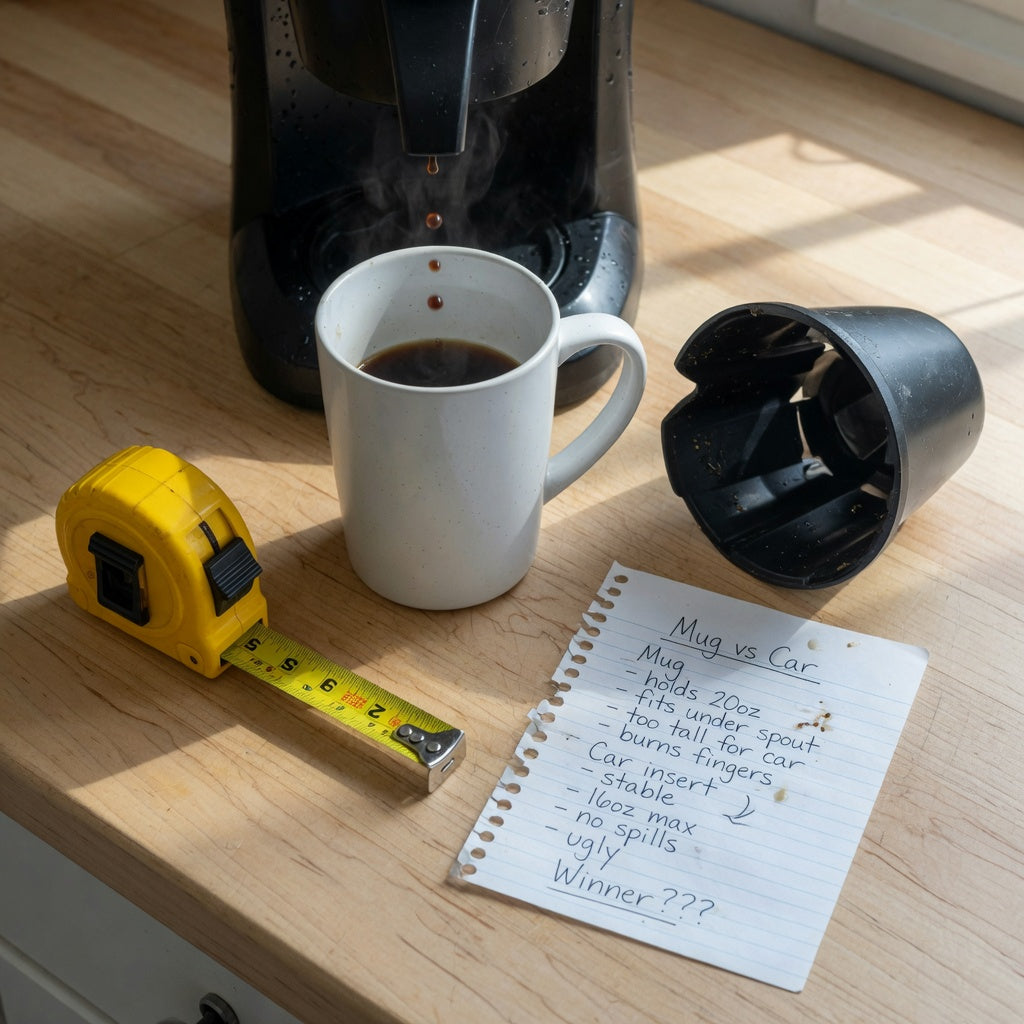 Tall coffee tea mug buying checklist notes beside a tall mug, tape measure, and coffee maker spout