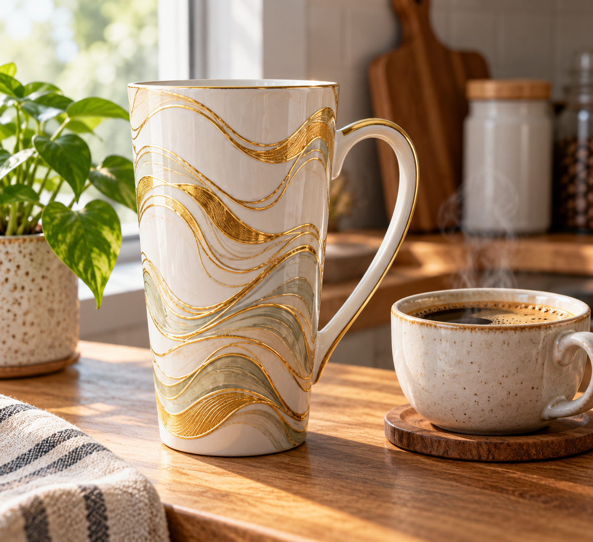 tall golden waves coffee tea mug for home decor showcasing elegant wavy gold pattern