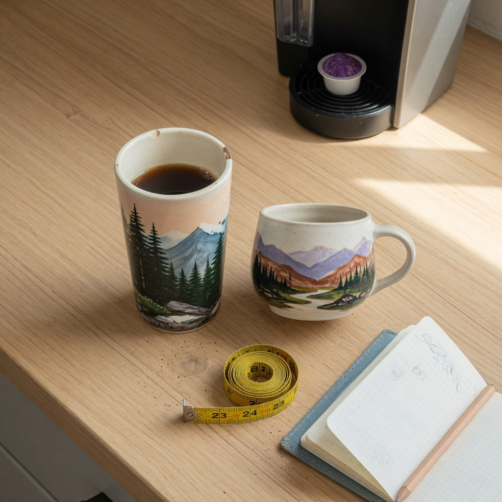 Tall landscape ceramic coffee mug comparison of a narrow scenic ceramic mug and a wider mug with a tape measure on a kitchen counter