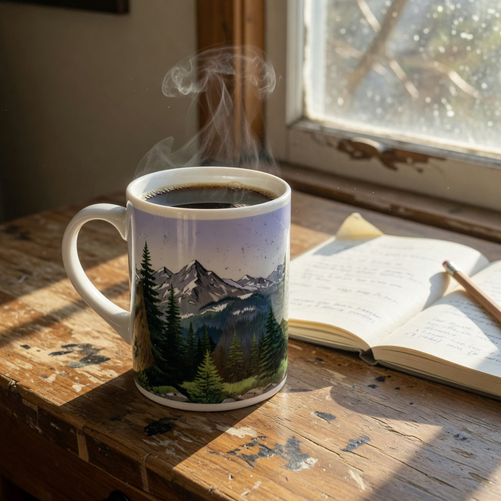 Tall landscape ceramic coffee mug with mountain and forest artwork on a wooden desk