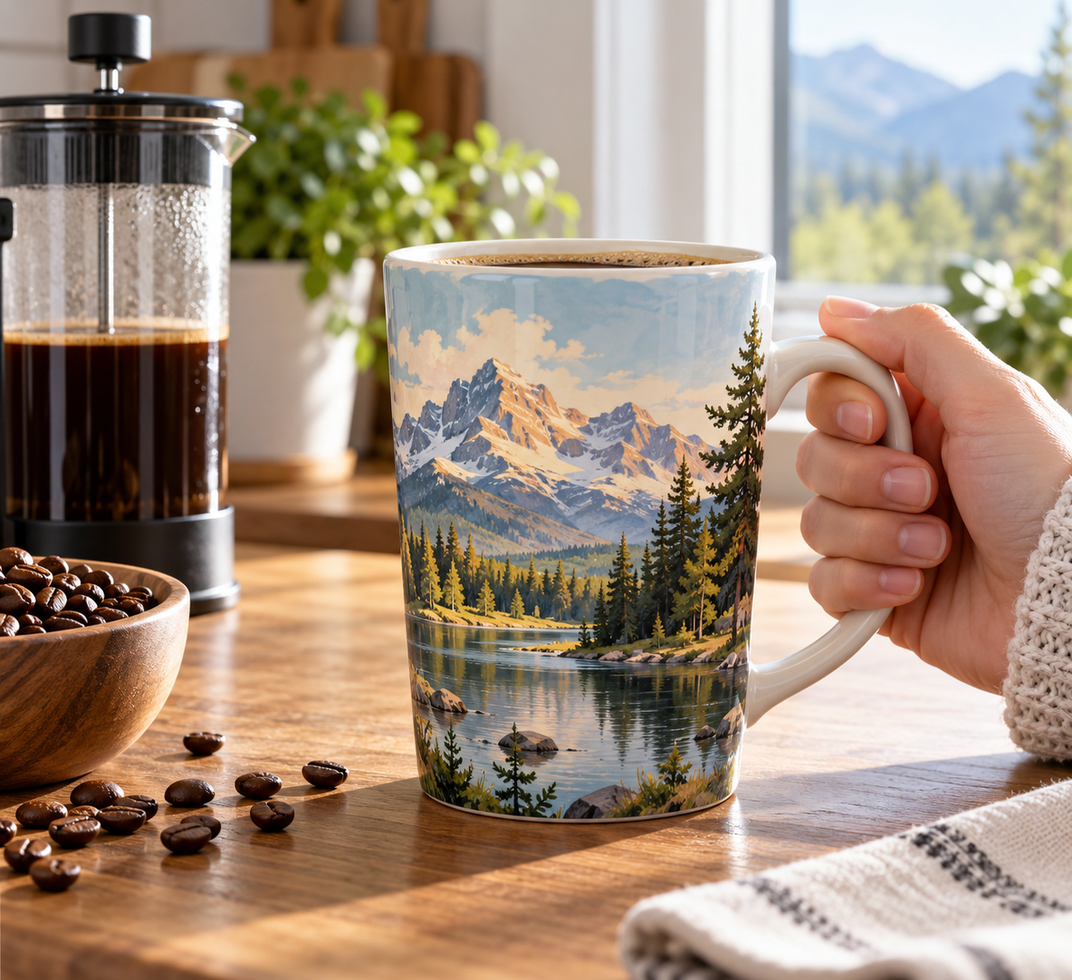 Tall landscape coffee mug gift ideas with scenic mountain design on a tall ceramic mug