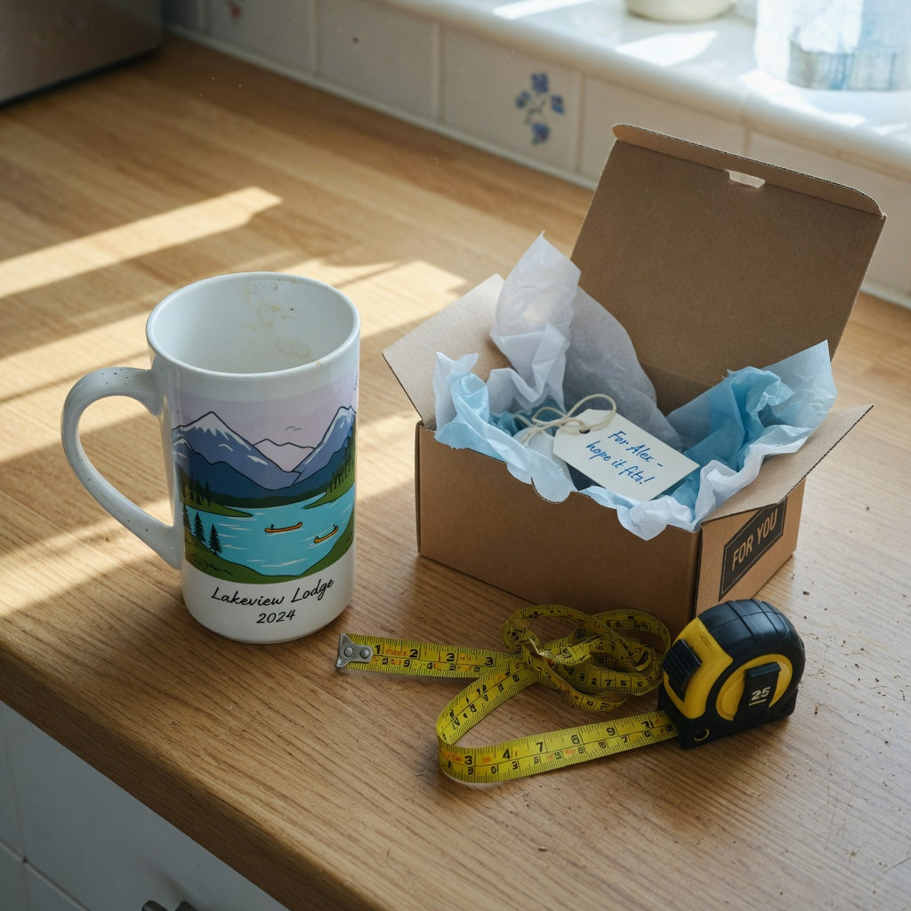 Tall landscape coffee mug gift: 350 ml mug with a mountain scene beside an open gift box on a kitchen counter