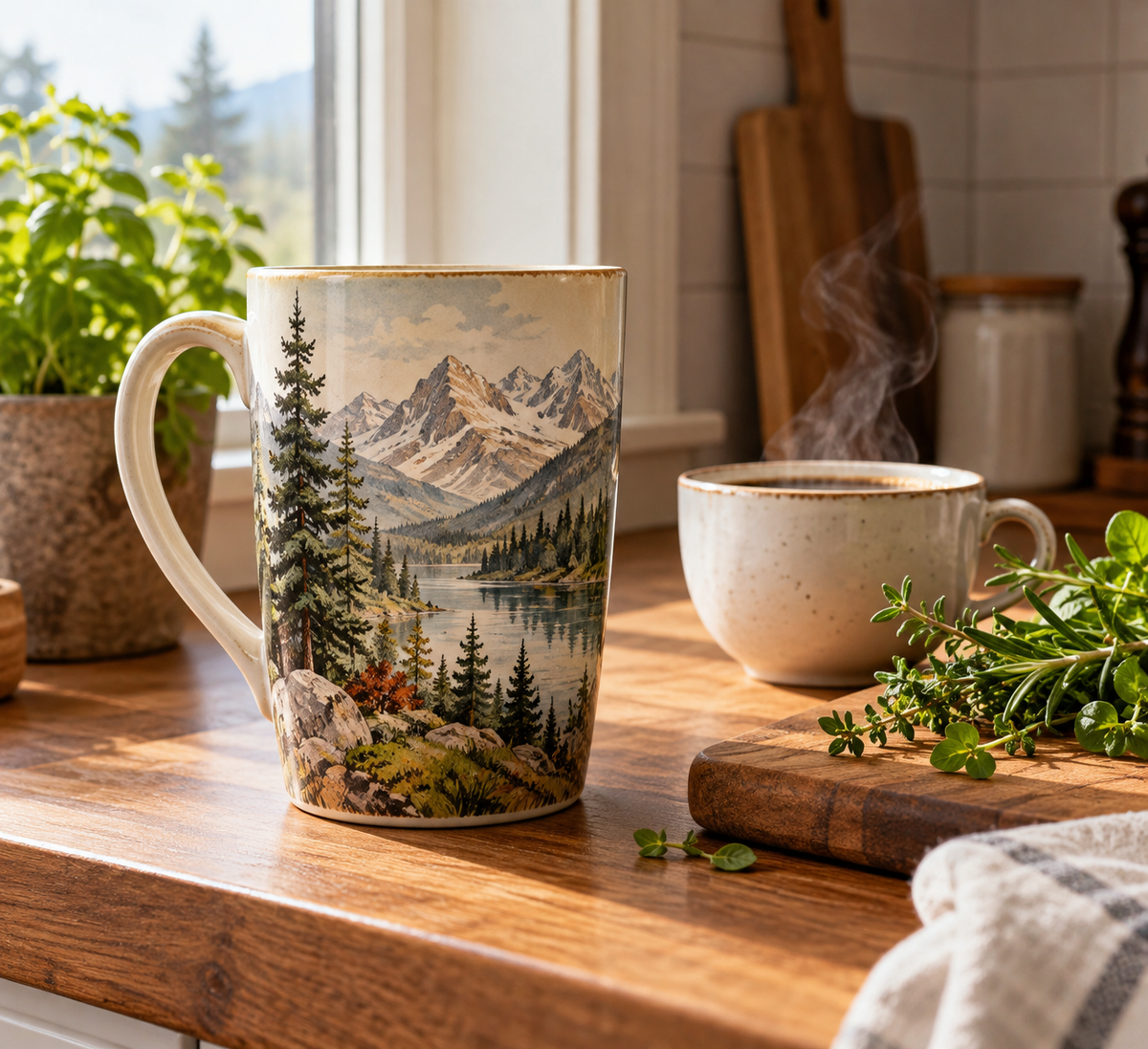 Tall landscape coffee tea mug gift with scenic landscape design on ceramic