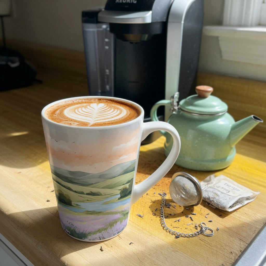 Tall mug for coffee and tea, 350 ml, filled with latte on a kitchen counter beside a tea infuser and a single-serve brewer