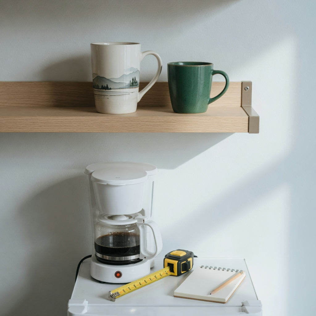 Tall mug open shelf coffee setup with a scenic tall mug and emerald accent mug above a home brewer