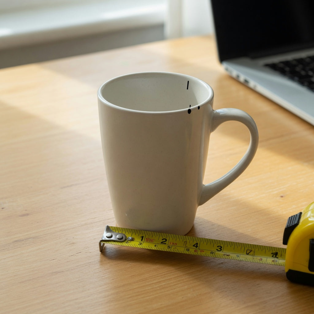 Tall narrow ceramic coffee mug on a desk next to a tape measure and a laptop